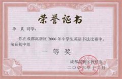 高新区2006年中学生英语书法比赛获奖名单